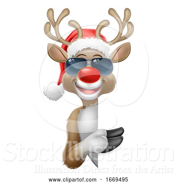 Vector Illustration of Cartoon Christmas Santa Hat Reindeer Sunglasses Sign
