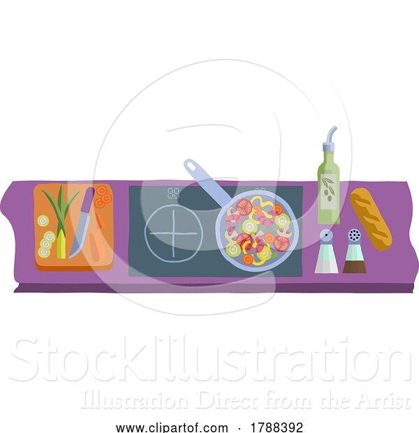 Vector Illustration of Cartoon Cooking Vegetable Curry Chinese Food Kitchen Scene