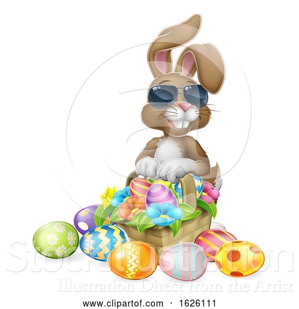 Vector Illustration of Cartoon Cool Easter Bunny Rabbit Eggs Hunt Basket Cartoon