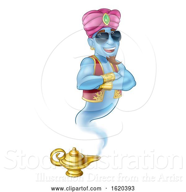 Vector Illustration of Cartoon Cool Genie Magic Lamp Aladdin Pantomime Cartoon