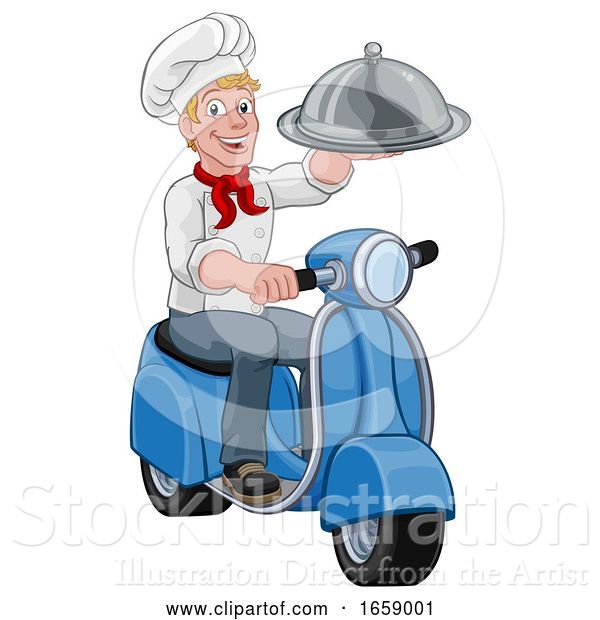 Vector Illustration of Cartoon Delivery Chef Scooter Moped Takeout Guy