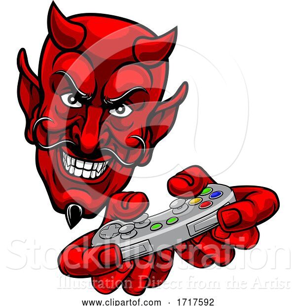 Vector Illustration of Cartoon Devil Gamer Video Game Controller Mascot Cartoon