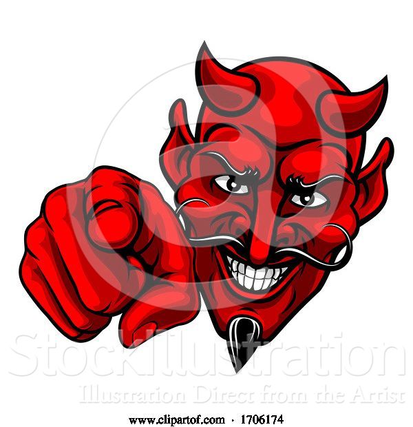 Vector Illustration of Cartoon Devil Satan Pointing Finger at You Mascot Cartoon