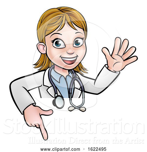 Vector Illustration of Cartoon Doctor Character Above Sign Pointing