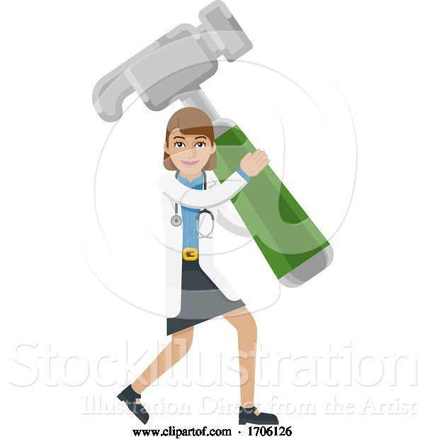 Vector Illustration of Cartoon Doctor Lady Holding Hammer Mascot Concept