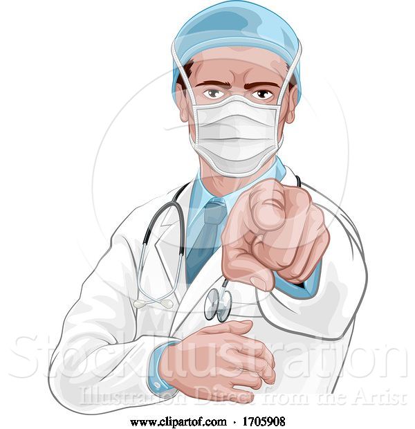 Vector Illustration of Cartoon Doctor Wants or Needs You Pointing Medical Concept