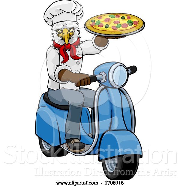 Vector Illustration of Cartoon Eagle Chef Pizza Restaurant Delivery Scooter