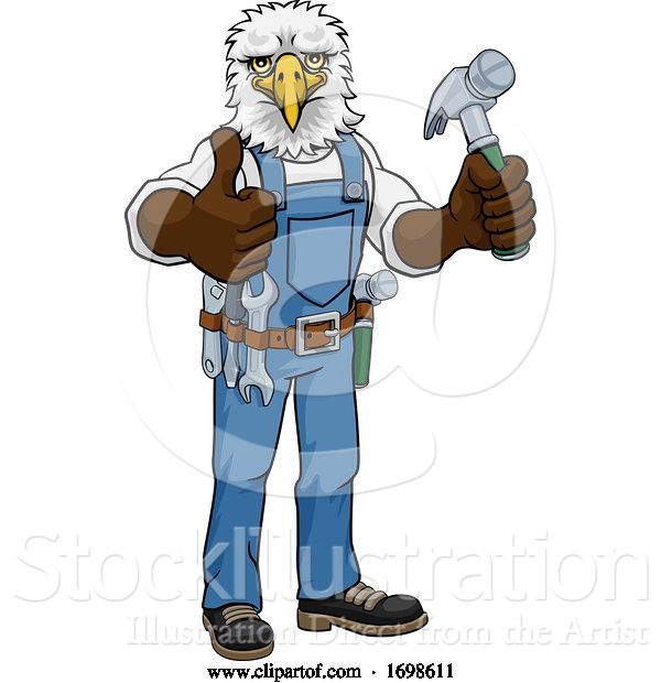 Vector Illustration of Cartoon Eagle Mascot Carpenter Handyman Holding Hammer