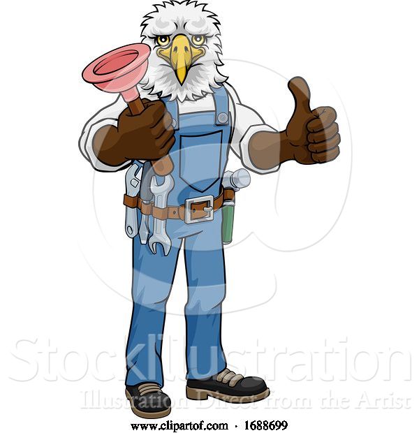 Vector Illustration of Cartoon Eagle Plumber Mascot Holding Plunger