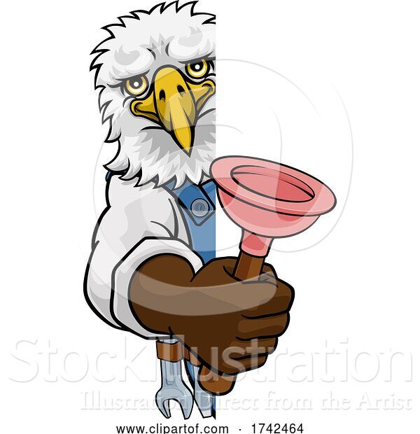 Vector Illustration of Cartoon Eagle Plumber Mascot Holding Plunger