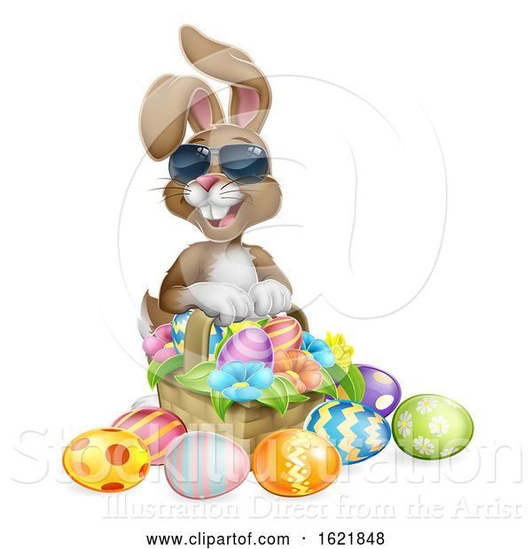 Vector Illustration of Cartoon Easter Bunny Cool Rabbit Eggs Hunt Basket Cartoon
