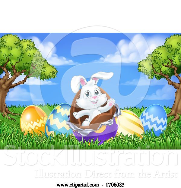 Vector Illustration of Cartoon Easter Bunny Rabbit Breaking Chocolate Egg Scene