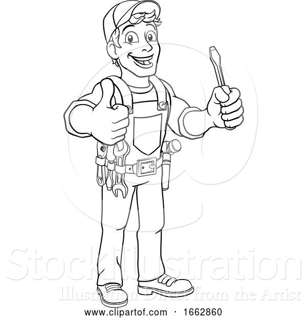 Vector Illustration of Cartoon Electrician Handyman Plumber Mechanic