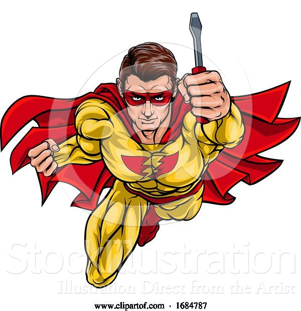 Vector Illustration of Cartoon Electrician Handyman Superhero Holding Screwdriver