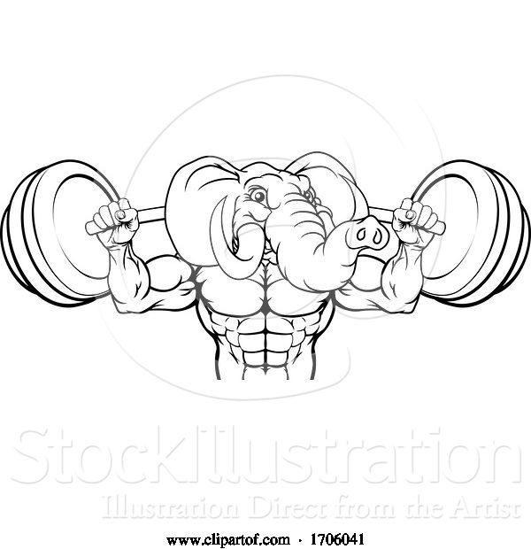 Vector Illustration of Cartoon Elephant Mascot Weight Lifting Body Builder