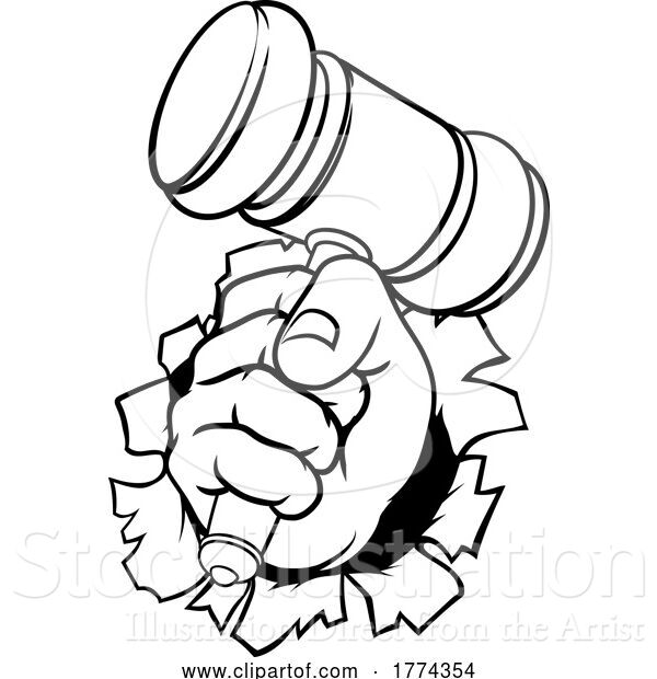 Vector Illustration of Cartoon Fist Hand Holding Judge Hammer Gavel Cartoon