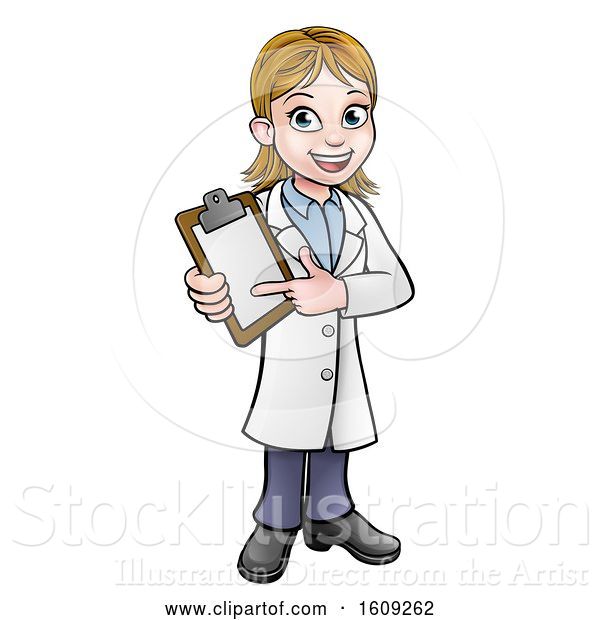Vector Illustration of Cartoon Friendly White Female Doctor Holding and Pointing to a Clipboard