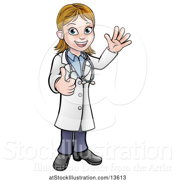Vector Illustration of Cartoon Friendly White Female Doctor Waving and Giving a Thumb up