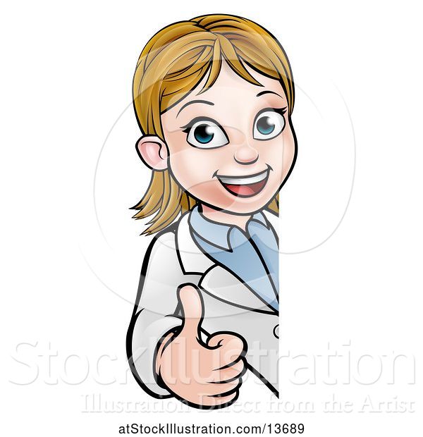 Vector Illustration of Cartoon Friendly White Female Scientist Giving a Thumb up Around a Sign