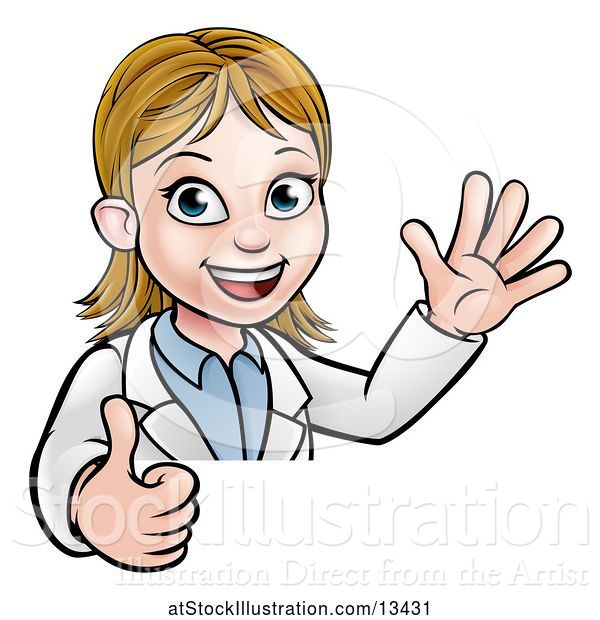 Vector Illustration of Cartoon Friendly White Female Scientist Giving a Thumb up over a Sign