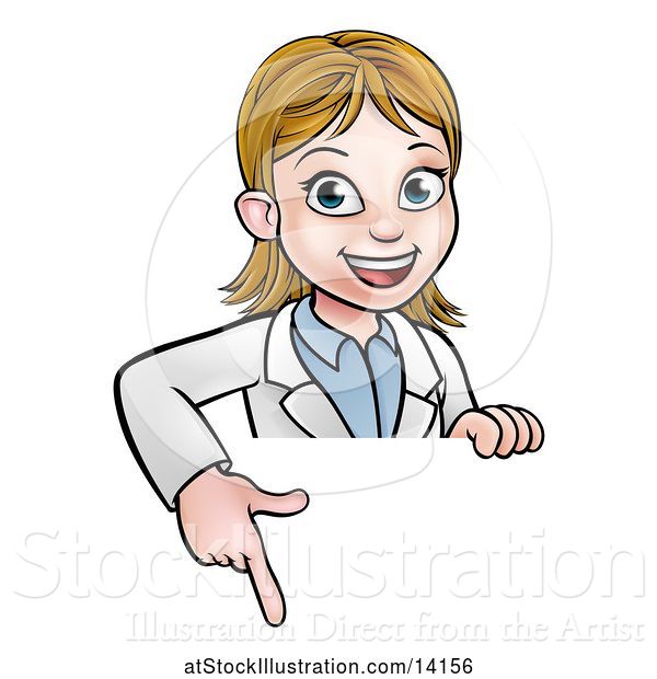 Vector Illustration of Cartoon Friendly White Female Scientist Pointing down over a Sign