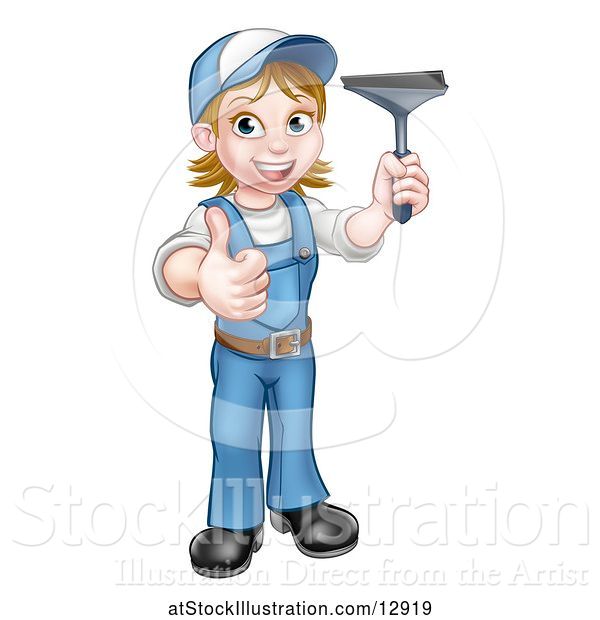 Vector Illustration of Cartoon Full Length Happy White Female Window Cleaner in Blue, Giving a Thumb up and Holding a Squeegee