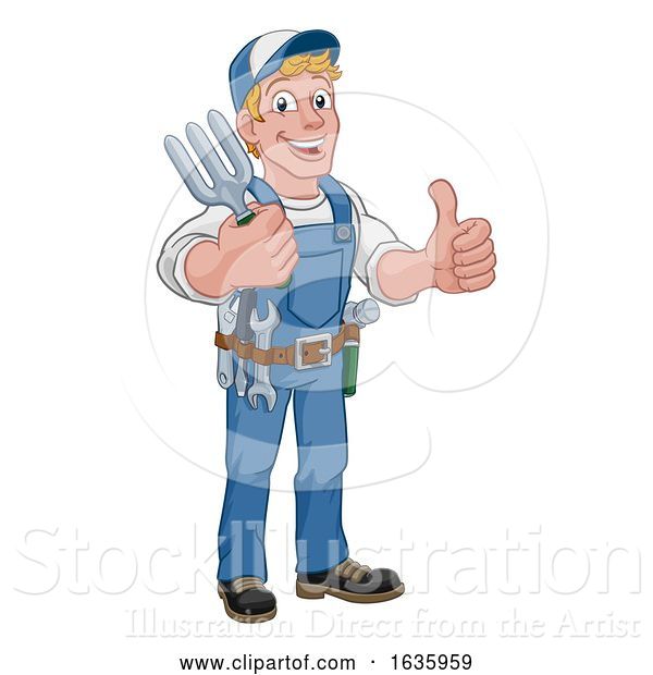 Vector Illustration of Cartoon Gardener Garden Fork Tool Handyman Guy