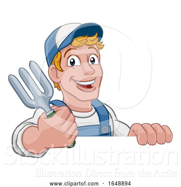 Vector Illustration of Cartoon Gardener Garden Fork Tool Handyman Guy