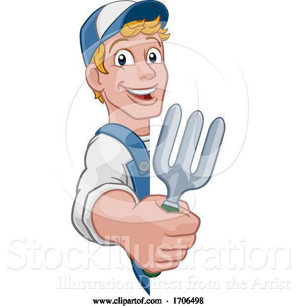 Vector Illustration of Cartoon Gardener Garden Fork Tool Handyman Guy