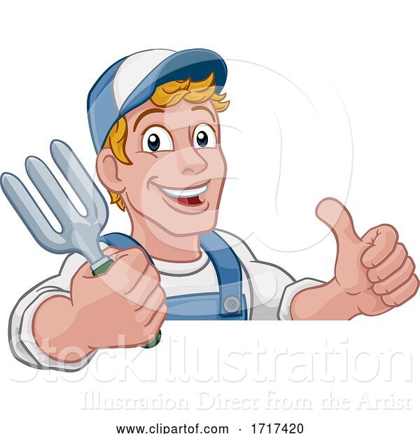 Vector Illustration of Cartoon Gardener Garden Fork Tool Handyman Guy