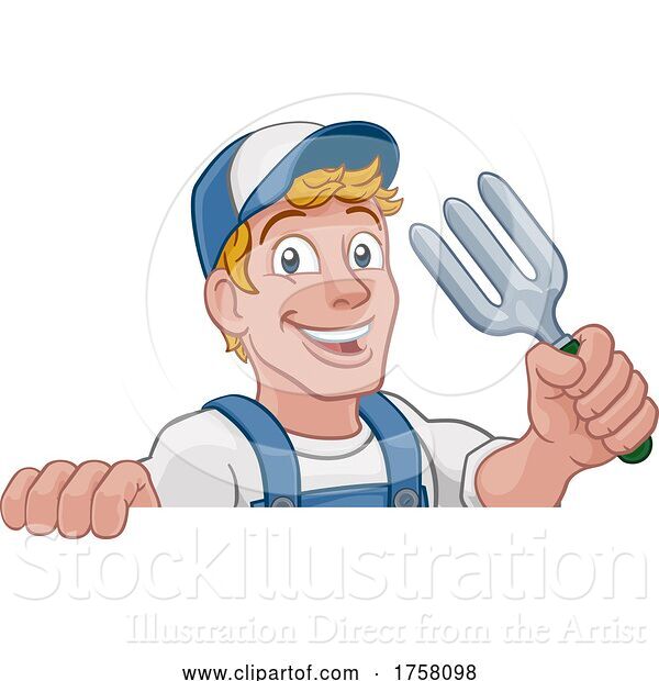 Vector Illustration of Cartoon Gardener Garden Fork Tool Handyman Guy