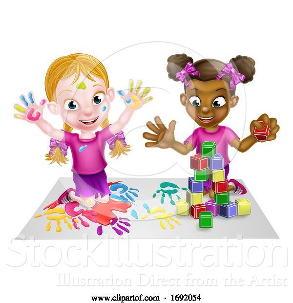 Vector Illustration of Cartoon Girls Playing