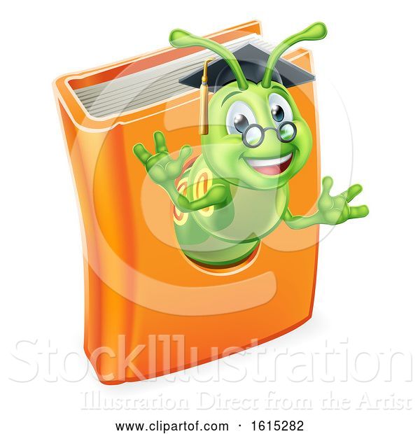 Vector Illustration of Cartoon Graduate Bookworm Caterpillar Worm in Book