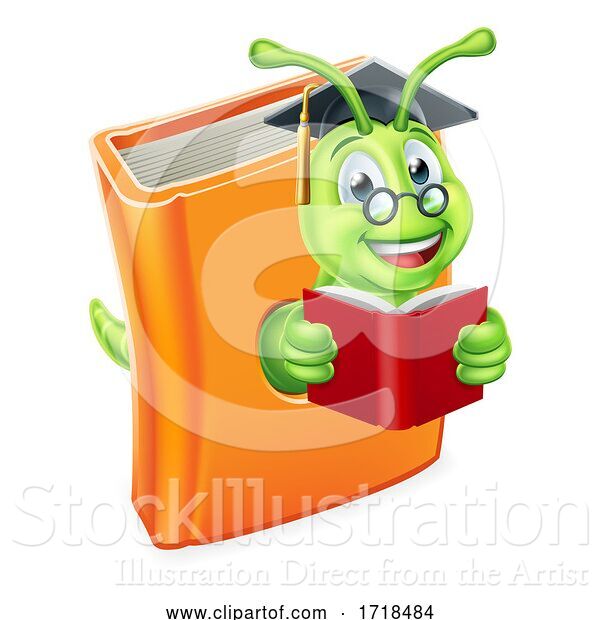 Vector Illustration of Cartoon Graduate Bookworm Caterpillar Worm in Book Reading