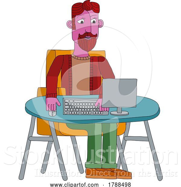 Vector Illustration of Cartoon Guy Working Behind Desk Computer Workstation