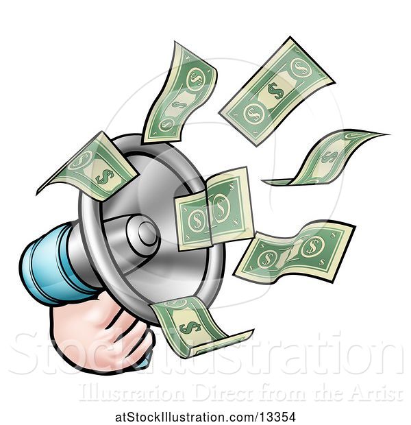 Vector Illustration of Cartoon Hand with Money Flying out of a Megaphone