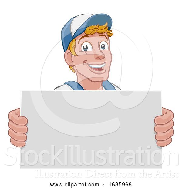 Vector Illustration of Cartoon Handyman Caretaker Construction Guy Sign