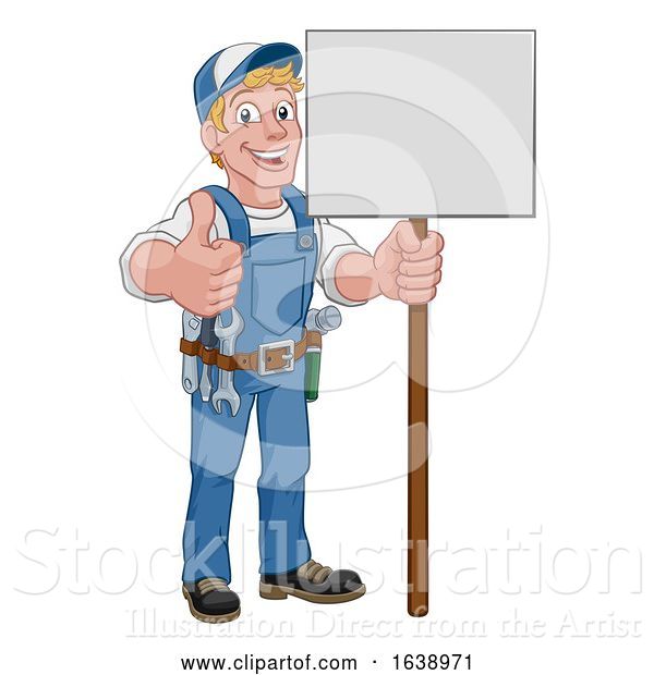 Vector Illustration of Cartoon Handyman Caretaker Construction Sign Guy