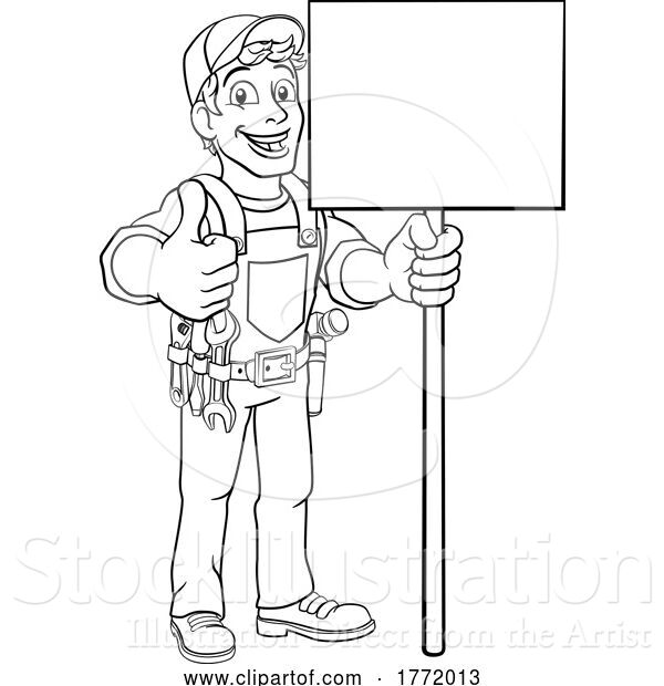Vector Illustration of Cartoon Handyman Caretaker Construction Sign Guy