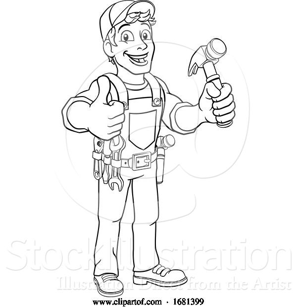 Vector Illustration of Cartoon Handyman Hammer Guy DIY Carpenter Builder