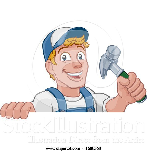 Vector Illustration of Cartoon Handyman Hammer Guy DIY Carpenter Builder