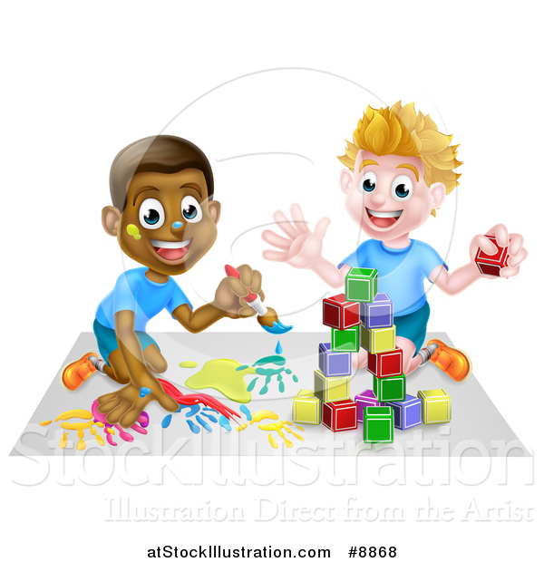 Vector Illustration of Cartoon Happy White and Black Boys Painting and Playing with Blocks