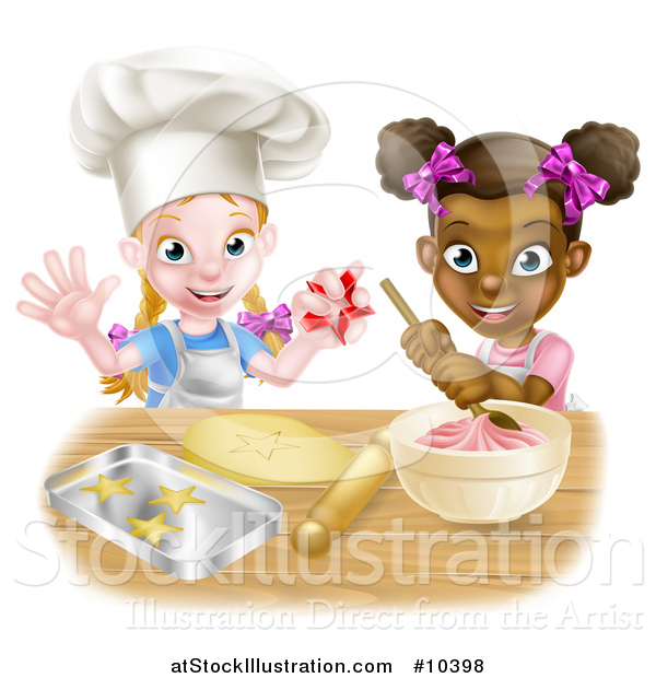 Vector Illustration of Cartoon Happy White and Black Girls Making Pink Frosting and Star Shaped Cookies