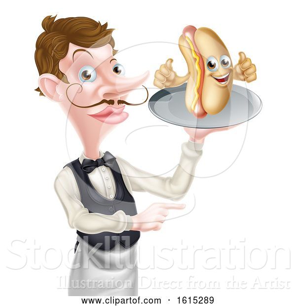 Vector Illustration of Cartoon Hotdog Waiter Butler Pointing