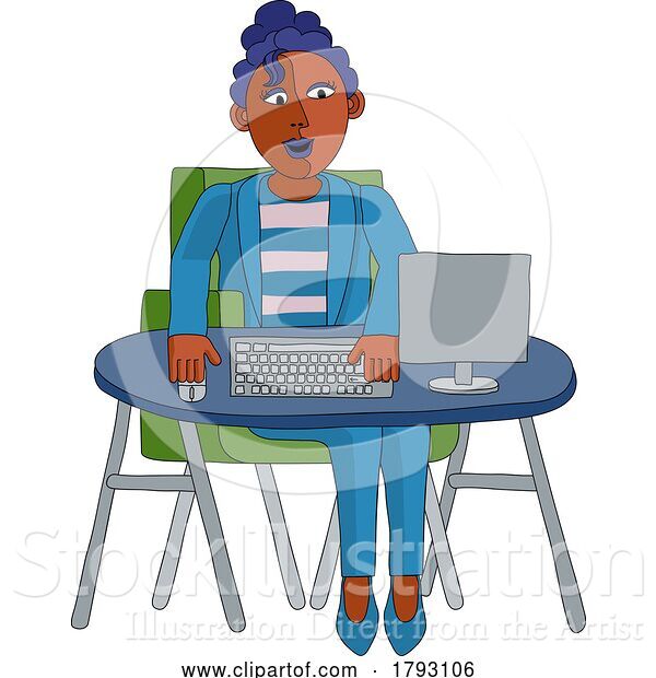 Vector Illustration of Cartoon Lady Working Behind Desk Computer Workstation