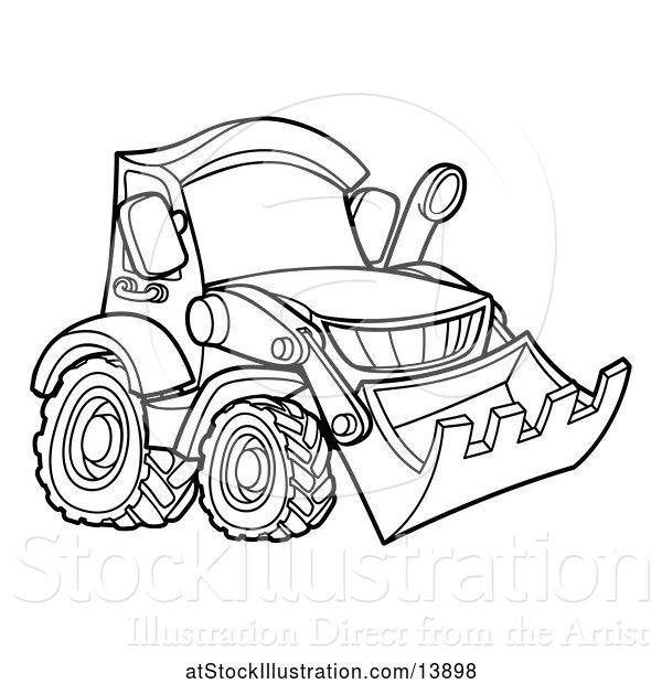 Vector Illustration of Cartoon Lineart Bulldozer Digger