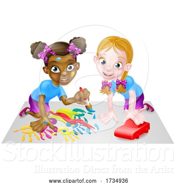 Vector Illustration of Cartoon Little Girls Playing with Car and Painting