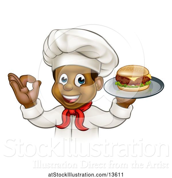 Vector Illustration of Cartoon Male Chef Holding a Cheese Burger on a Tray and Gesturing Perfect