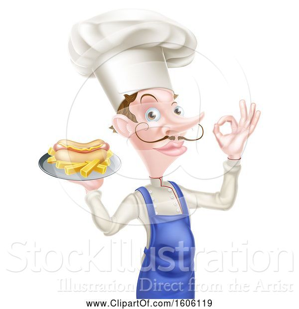 Vector Illustration of Cartoon Male Chef Holding a Hot Dog and Fries on a Tray and Gesturing Perfect