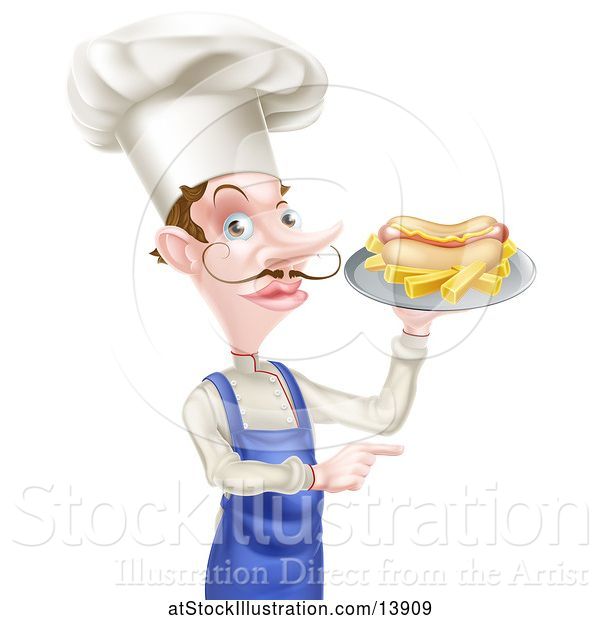 Vector Illustration of Cartoon Male Waiter Holding a Hot Dog and Fries on a Tray and Pointing